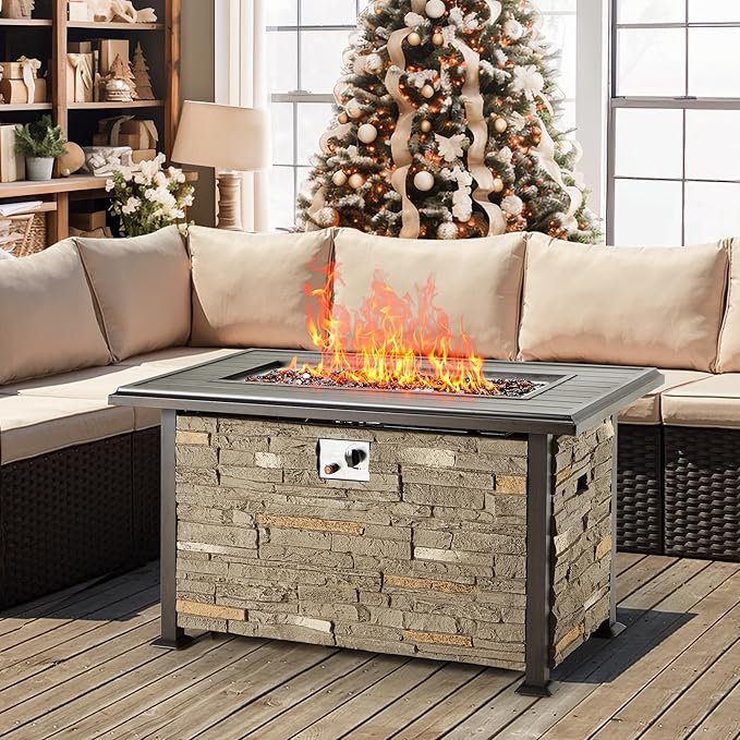 Photo 1 of ***PICTURE FOR REFERENCE ONLY***Vicluke 44 Inch Aluminum Propane Fire Pit Table w/Faux Ledgestone, Hand-Painted Table Top, 50,000 BTU Fire Table w/CSA Certification,Waterproof Cover,Glass Rock for Outdoor, Patio, Christmas(Grey)