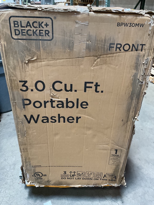 Photo 1 of ***MAJOR DENTS***BLACK+DECKER 3.0 Cu. Ft. Portable Washer, 26.5 lb. Capacity Washing Machine, 6 Cycles, Quick Connect Sink Adapter and Drain Hose Included, Transparent Lid & LED Display, BPW30MW, White