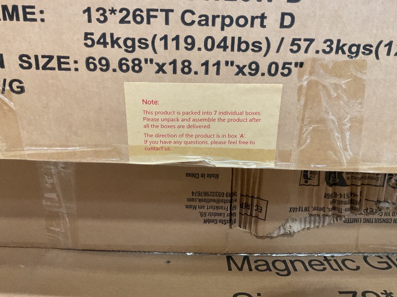 Photo 1 of ***PARTIAL SET/ONE BOX OF 7***GarveeLife 13 ft x26 ft x11 ft Oversized Metal Carport, Steel Heavy Duty Car Ports for All-Weather, Tall Carport for Full-Size Pickup Trucks, Boats, and Tractors, N.W. 780 LBS