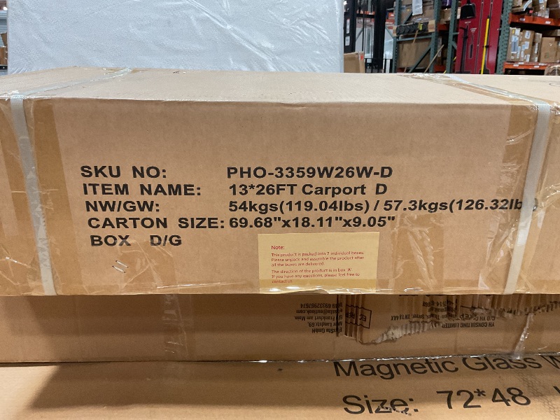 Photo 1 of ***PARTIAL SET/ONE BOX OF 7***GarveeLife 13 ft x26 ft x11 ft Oversized Metal Carport, Steel Heavy Duty Car Ports for All-Weather, Tall Carport for Full-Size Pickup Trucks, Boats, and Tractors, N.W. 780 LBS