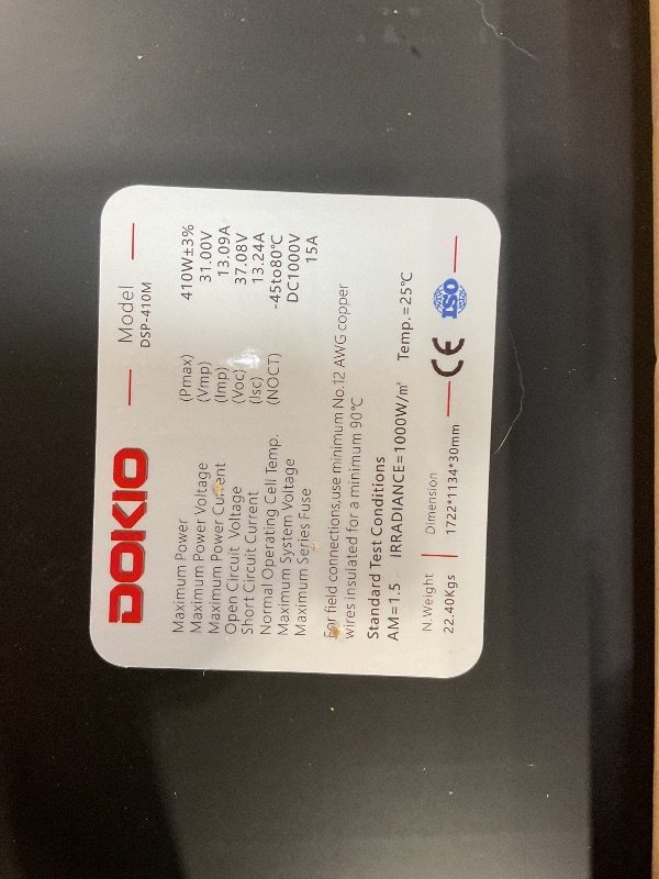 Photo 1 of ***POSSIBLY DAMAGED & FOR PARTS*** DOKIO 400W Monocrystalline Solar Panel with 31V Voltage, Designed for Charging 12/24V Devices - 3 m Cable, Ideal for Yard/Garden, Shed/Patio/Greenhouse Power, Off-Grid Battery Charging