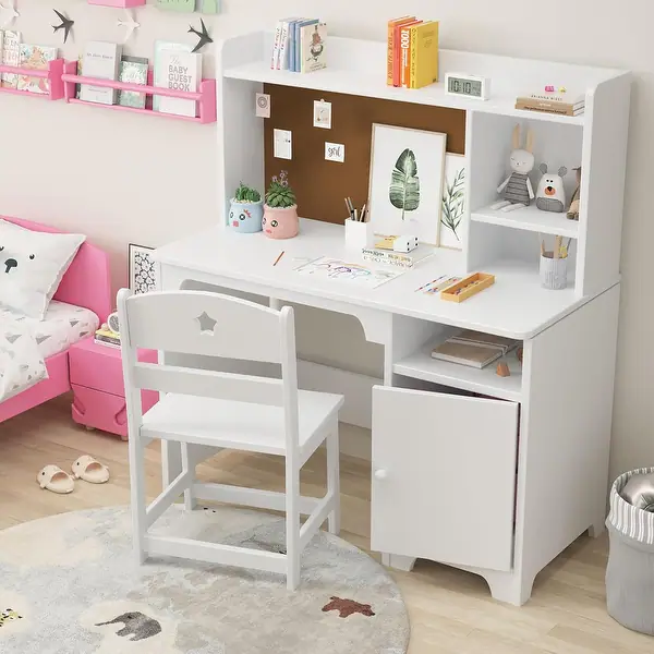 Photo 1 of **CUT. SCRAPES**Kids Desk and Chair Set,Study Desk for Kids with Hutch, Storage Cabinet, Wooden Children Study Table