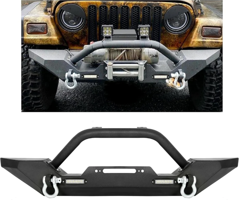Photo 1 of **SCRAPE**KUAFU Front Winch Bumper Black Compatible with 1986-2006 Jeep Wrangler TJ YJ With D-rings and 2 LED Lights LYAM-292T