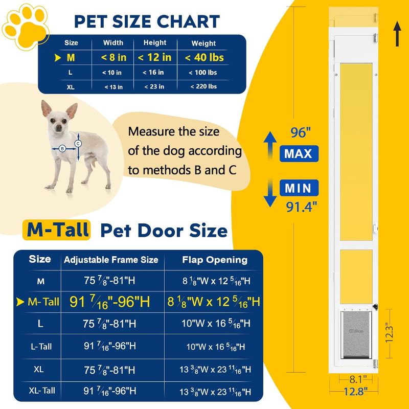 Photo 1 of (POSSIBLE MISSING HARDWARE) Eillion Medium Dog Door for Sliding Glass Doors, 91 7/16" to 96" Tall, 12.8" Wide, Aluminum Frame, Magnetic Seal, Perfect for Medium Pets Up to 40 lbs