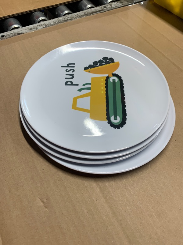 Photo 1 of Tiny Expressions - Construction Plates for Toddlers - Set of 4 Melamine Plates for Kids - Excavator, Cement Mixer, Bulldozer, and Dump Truck - Fun Plastic Dinnerware for Kids