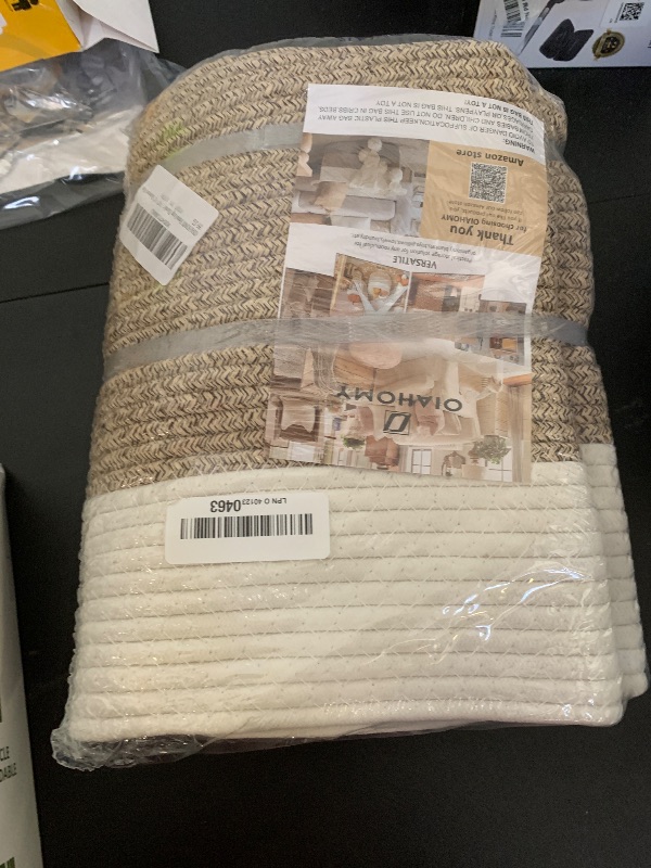 Photo 1 of OIAHOMY 65L Blanket Basket, Cotton Rope Woven Blanket storage for Living Room, Rectangle Woven Baskets for Storage, 20''×16''×12'', Brown and White
