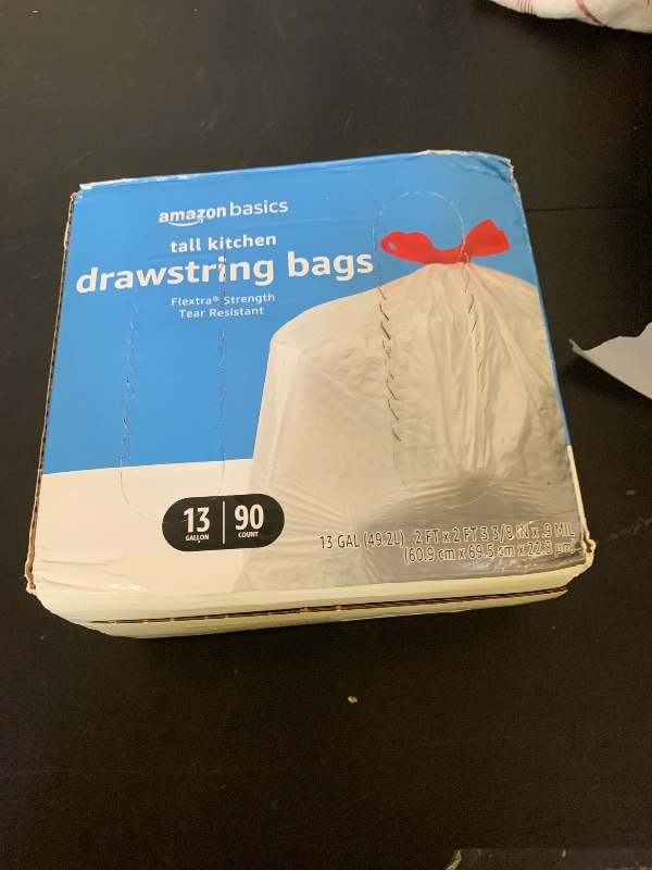 Photo 1 of Amazon Basics Flextra Tall Kitchen Drawstring Trash Bags, 13 Gallon, 90 Count