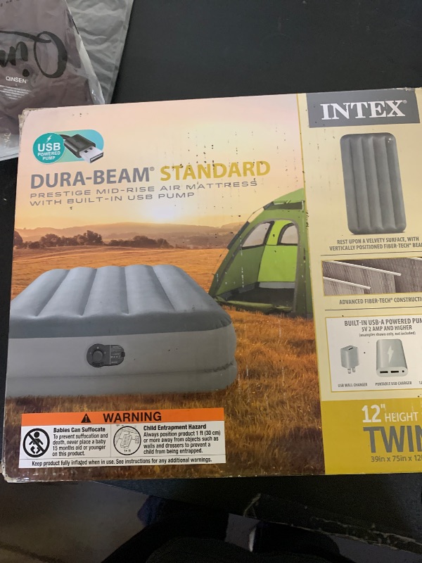 Photo 1 of Intex 64112E Dura-Beam Standard Prestige Air Mattress: Fiber-Tech – Twin Size – Built-in USB Electric Pump – 12in Bed Height – 300lb Weight Capacity
