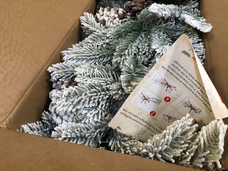 Photo 1 of 4 FT Snow Flocked Christmas Tree with 455 PE&PVC Mixed Branch Tips,Unlit Artificial Skinny Pencil Christmas Tree with 19 Pine Cones,Hinged Premium Xmas Slim Fir Trees for Home,Office,Party Decoration