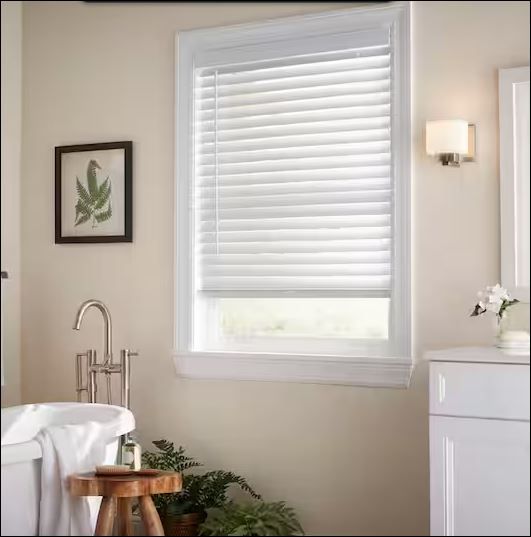 Photo 1 of White Cordless Faux Wood Blinds for Windows with 2 in. Slats - 35 in. W x 36 in. L (Actual Size 34.5 in. W x 36 in. L)
