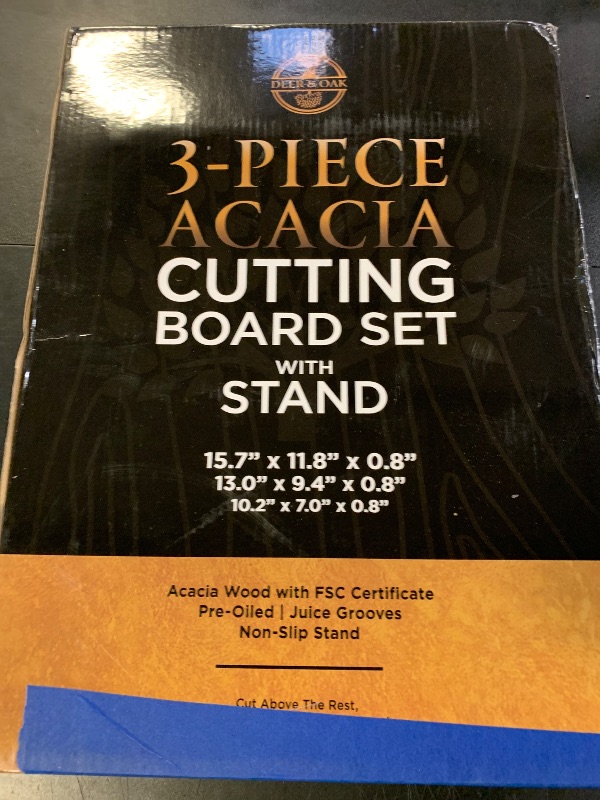 Photo 1 of Pre-Oiled, Non Toxic 3-Piece Acacia Cutting Board Set with Stand, FSC Certified Wooden Chopping Boards with Juice Grooves for Meat. 3 Size Wood Carving Boards for Home & BBQ Kitchens by Deer & Oak