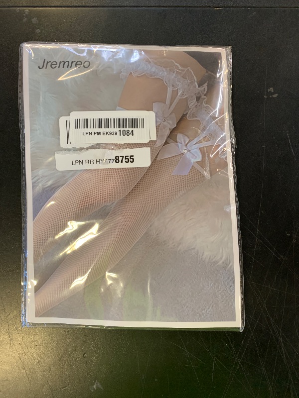 Photo 1 of Jremreo White Fishnet Thigh High Stockings with Bow, Women's Sexy Sheer Over the Knee Stockings, Stretchy Hollow Out Tights Pantyhose for Lingerie, Cosplay, Clubwear, One Size