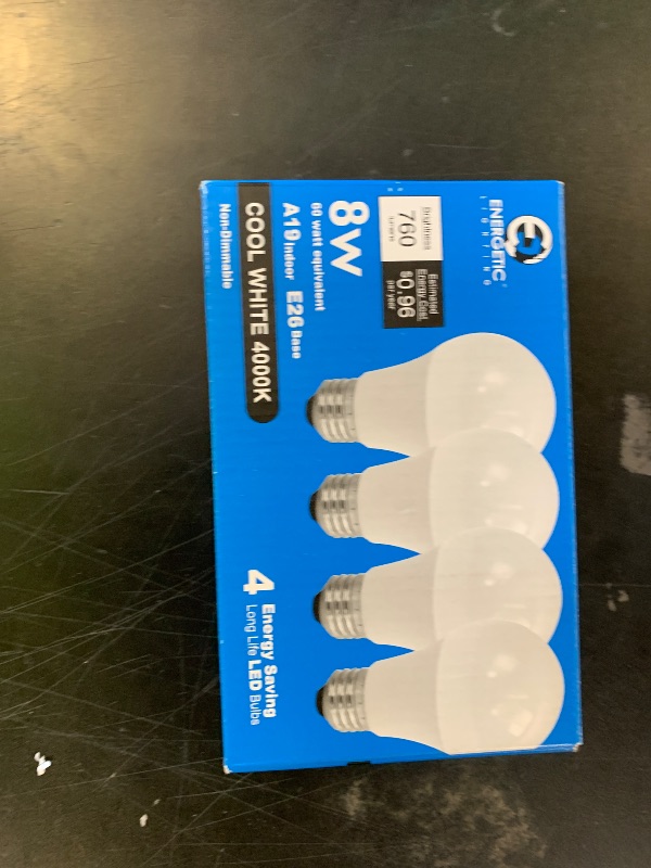 Photo 1 of ENERGETIC SMARTER LIGHTING A19 LED Bulbs 60 watt Equivalent, Cool White 4000K, E26 Medium Base, Non-Dimmable LED Light Bulb, UL/ETL Listed, 4-Pack