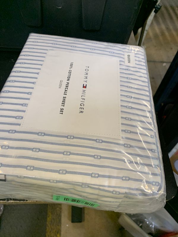 Photo 1 of Tommy Hilfiger - Sheet Set, Cotton Percale Bedding with Matching Pillowcases, Crisp & Cool, Premium Quality Home Essentials (Monogram Stripe Blue, Queen)