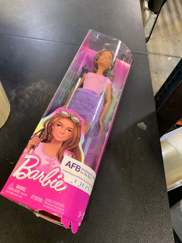 Photo 1 of Barbie Fashionistas Doll #228, Blind Doll Wearing Pink Top and Ruffled Skirt with Cane and Sunglasses in Partnership with The American Foundation for The Blind