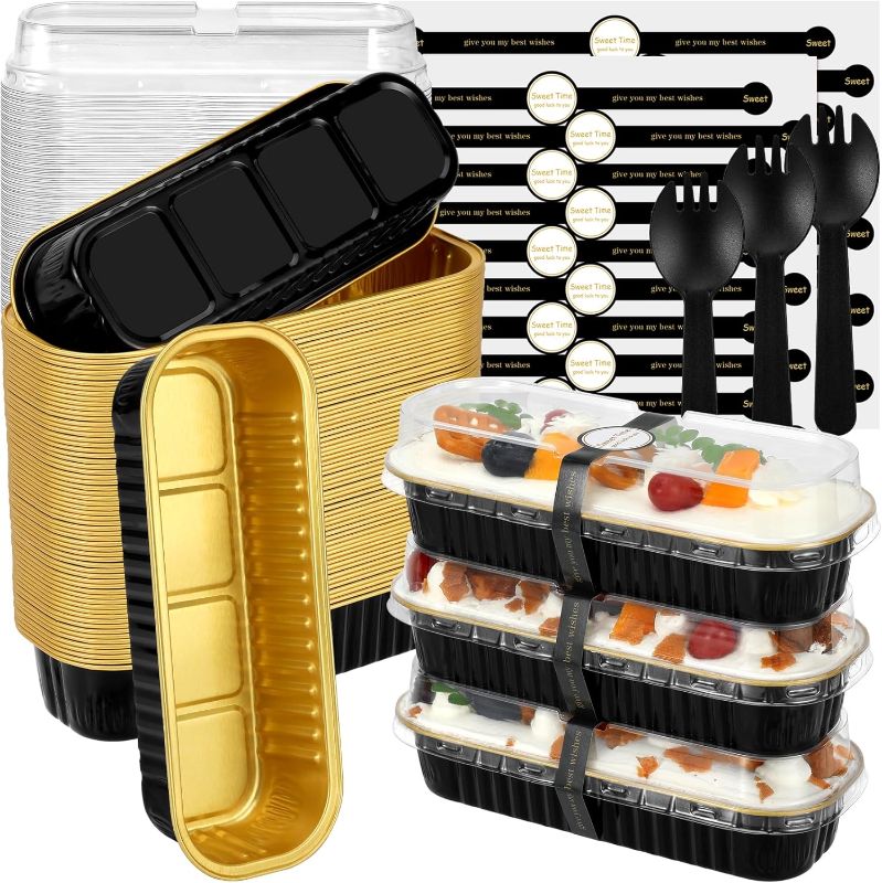 Photo 1 of Mini Loaf Pans with Lids and Spoons (100 Pack, Black-gold, 6.8oz) Rectangular Aluminum Foil Baking Pans