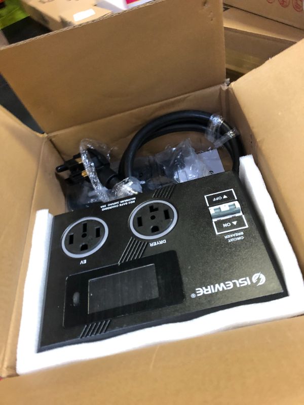 Photo 1 of Smart Dryer Splitter for EV and Dryer, 240V Auto Power Switch for Dryer Outlet, 3-Color LED Ring, 3.4" LCD Display, No Rewiring Needed, NEMA 14-30 Plug, NEMA 14-30 & NEMA 14-50 Outlets (24 Amp)