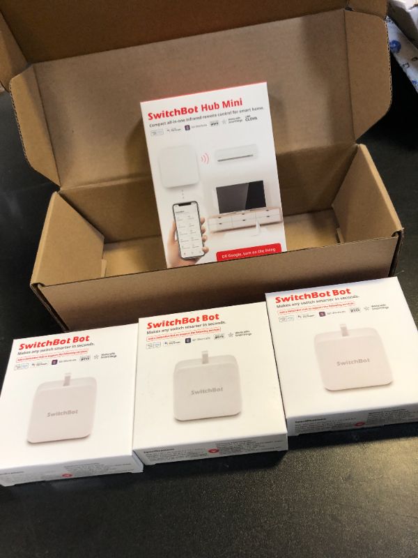 Photo 1 of SwitchBot Smart Switch Button Pusher(3Pack) with Hub Mini - Smart Switch Button Pusher, Wireless App & Timer Control, Compatible with Alexa, Google Home, IFTTT, Easy to Use, Smart Light Control Set
