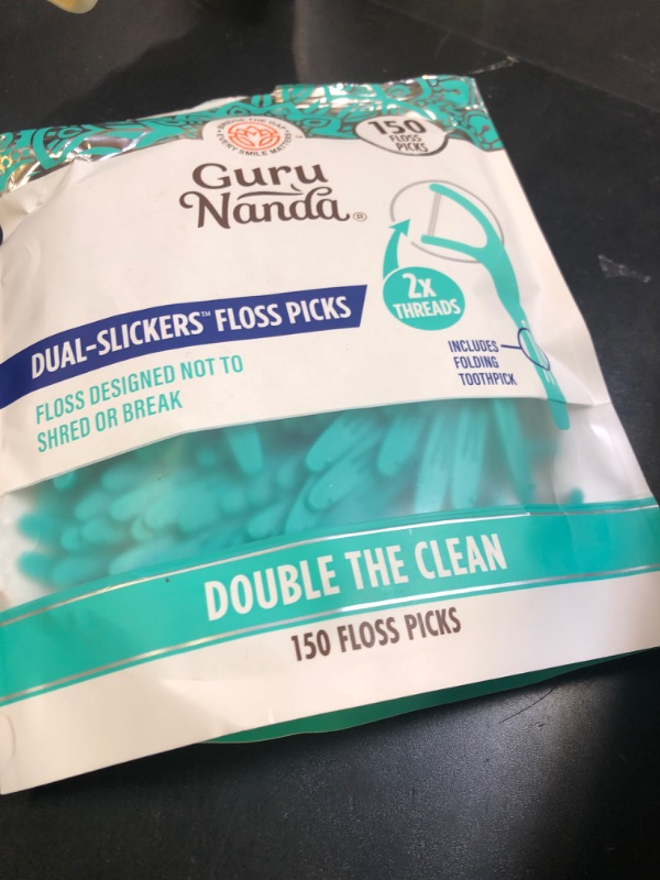 Photo 1 of GuruNanda Dual Slickers Floss Picks - Double Threaded Dyneema Dental Floss with Foldable Toothpick for Effective Plaque Removal - Unflavored- 150 Ct