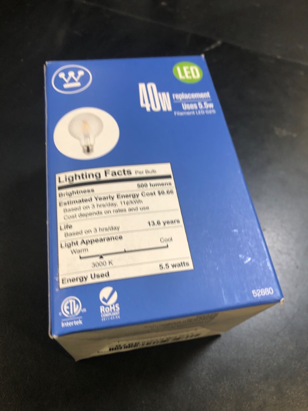 Photo 1 of Westinghouse 5268000 5.5 Watt (40 Watt Equivalent) Cut Glass G25 Dimmable Clear Filament LED Light Bulb, Medium Base