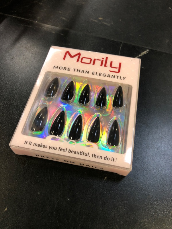 Photo 1 of morily 24Pcs Black Press on Nails Stiletto Fake Nails Medium Length Almond False Nails Tips Long Acrylic Glossy Stick on Nail Solid Color Full Cover Fingernails Manicure for Women (Black)