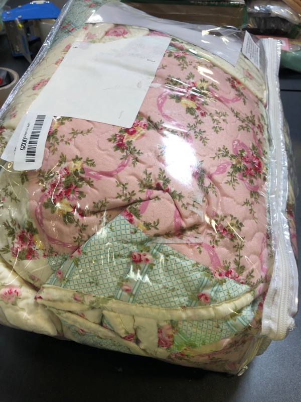 Photo 1 of Brilliant Sunshine Pink and Green Rose Patchwork, 3-Piece Quilt Set with 2 Shams, Reversible Bedspread, Soft Lightweight Coverlet, All-Season, King, Pink Green