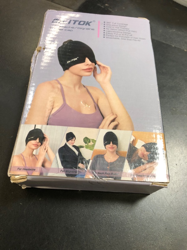 Photo 1 of EXQUISLIFE Migraine Headache Relief Cap, Gel Ice Head Wrap, Hot and Cold Therapy, Headache Eyes Mask for Sinus, Puffy Eyes, Tension and Stress Relief (Black)