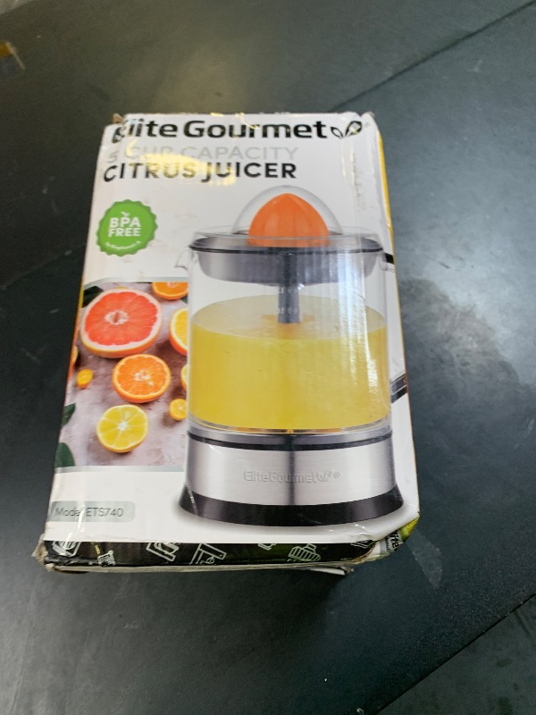 Photo 1 of Elite Gourmet ETS740 BPA-Free Electric Citrus Juicer with 2 Cones, Compact, Large Volume, Pulp Control, Oranges, Lemons, Limes, Grapefruits with Easy Pour Spout, 1.2L, Black/Stainless Steel