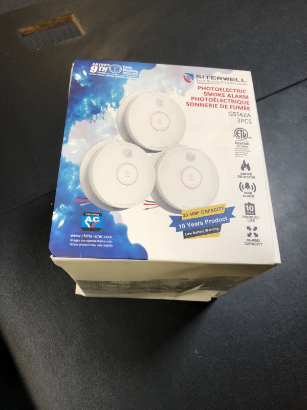 Photo 1 of Siterwell  Detector, Hardwired Interconnected Smoke Detector, Photoelectric Smoke Alarm with 9V Backup Battery, Fire Alarm with Test/Silence Button, UL217-10th Listed, GS562A, 3 Packs