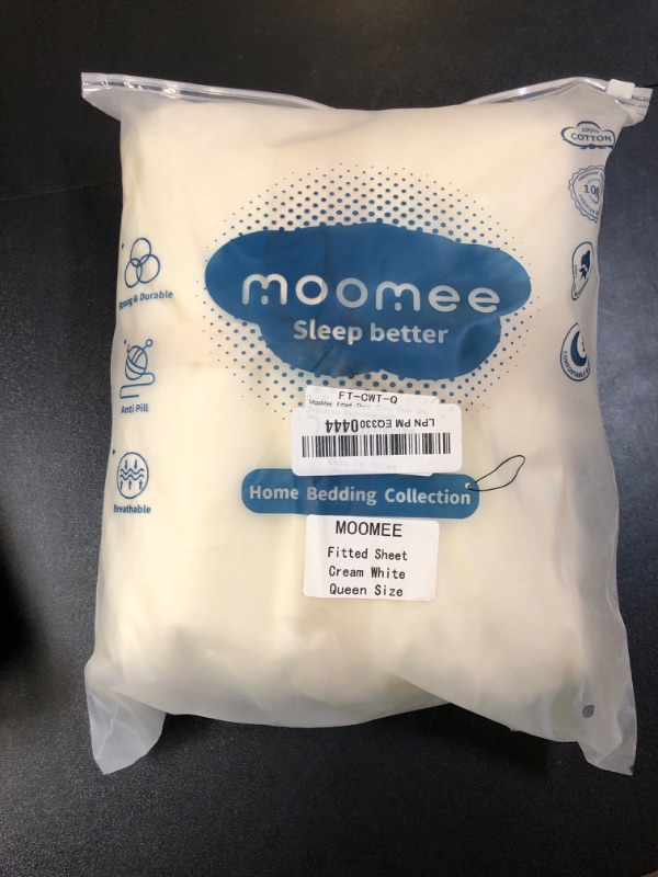 Photo 1 of MooMee Fitted Bottom Sheet Only 100% Washed Cotton Linen Like Textured Breathable Durable Soft Comfy Deep Pocket Fits Mattress up to 17" (Cream White, Queen)