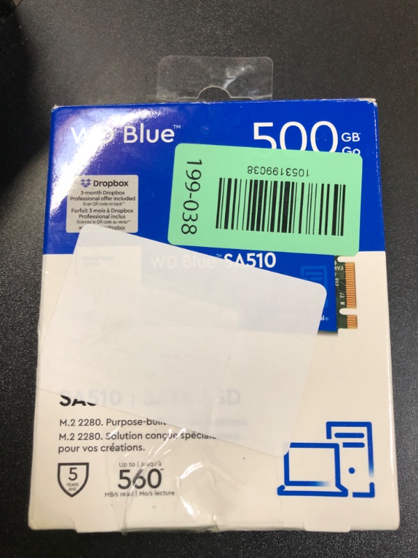 Photo 1 of Western Digital 500GB WD Blue SA510 SATA Internal Solid State Drive SSD - SATA III 6 Gb/s, M.2 2280, Up to 560 MB/s - WDS500G3B0B