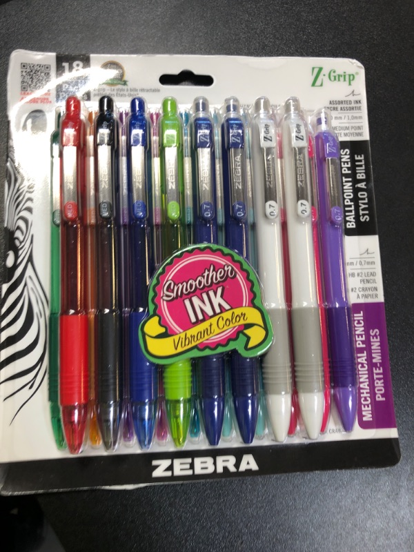 Photo 1 of Zebra Pen Z-Grip Retractable Ballpoint Pen and Mechanical Pencil Set, Medium Point, #2 HB Lead Pencils, Assorted Ink Colors, School Supplies, Teacher Supplies, and Office Supplies, 18-Pack (23618)