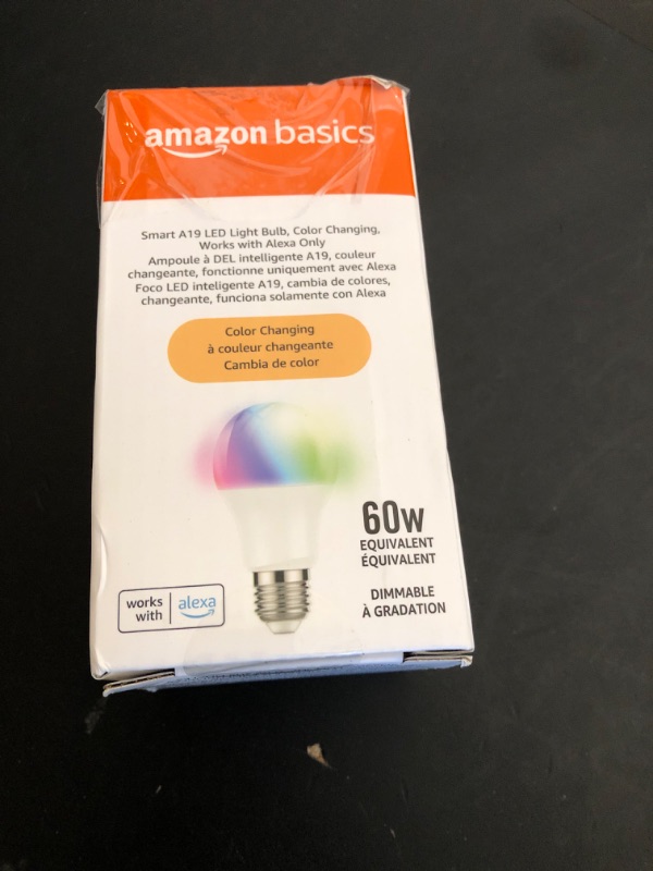 Photo 1 of Amazon Basics Smart A19 LED Light Bulb, Color Changing, 9W (60W Equivalent), 800LM, Works with Alexa Only, 2.4 GHz Wi-Fi, No Hub Required, 1 Pack