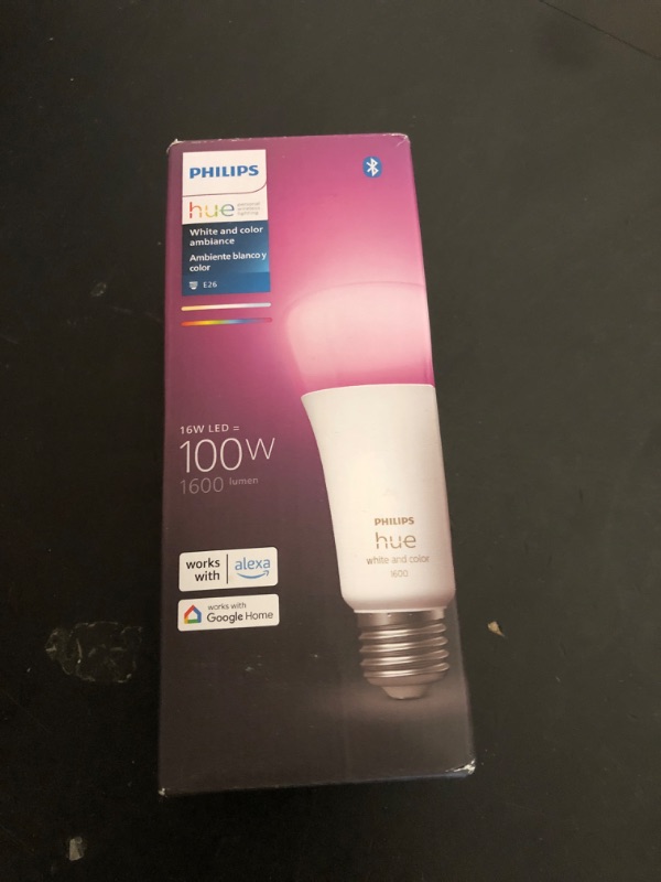 Photo 1 of Philips Hue Smart 100W A21 LED Bulb - White and Color Ambiance Color-Changing Light - 1 Pack - 1600LM - E26 - Indoor - Control with Hue App - Works with Alexa, Google Assistant and Apple Homekit