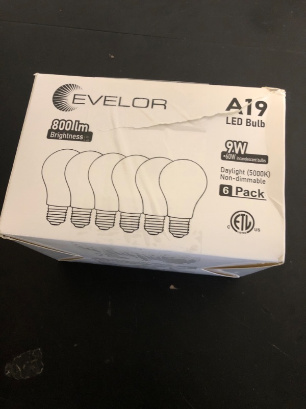 Photo 1 of evelor 6-Pack A19 LED Light Bulbs,60 Watt Equivalent Daylight 5000K with E26 Base,Efficient 9W,800 Lumens Non-Dimmable LED Bulbs,15000 Hours, Ideal for Bedroom Living Room