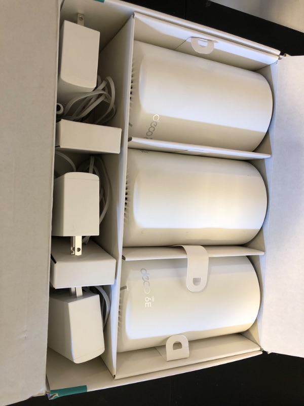 Photo 1 of TP-Link Deco XE75 AXE5400 Tri-Band WiFi 6E Mesh System - Wi-Fi up to 7200 Sq.Ft, Engadget Rated Best Mesh for Most People, Replaces WiFi Router and Extender, AI-Driven Mesh New 6GHz Band, 3-Pack
