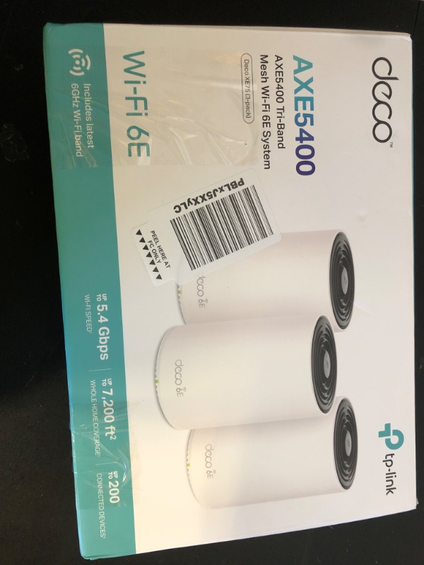 Photo 1 of TP-Link Deco XE75 AXE5400 Tri-Band WiFi 6E Mesh System - Wi-Fi up to 7200 Sq.Ft, Engadget Rated Best Mesh for Most People, Replaces WiFi Router and Extender, AI-Driven Mesh New 6GHz Band, 3-Pack