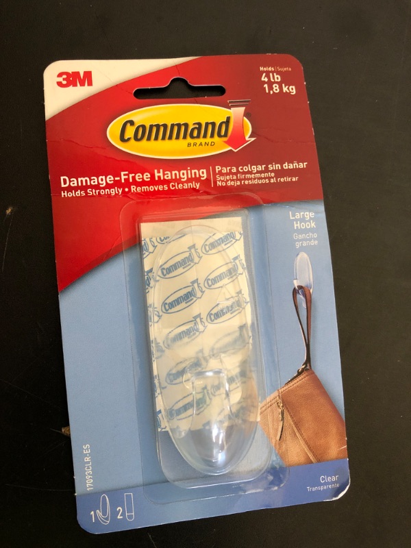 Photo 1 of 3M Command 17093CLRES Adhesive Hanging Hook, Large, Holds 4lbs, Clear