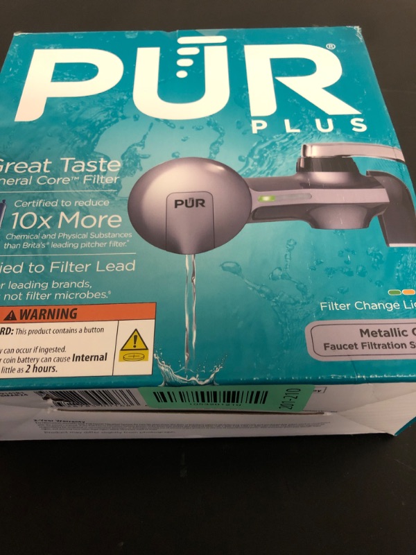 Photo 1 of PUR Plus Horizontal Faucet Mount Filtration System with 3-in-1 Lead Reducing Filter, Water Filter for Sink, Lasts 100 Gallons, Compatible with Sinks with External Aerators, Metallic Grey