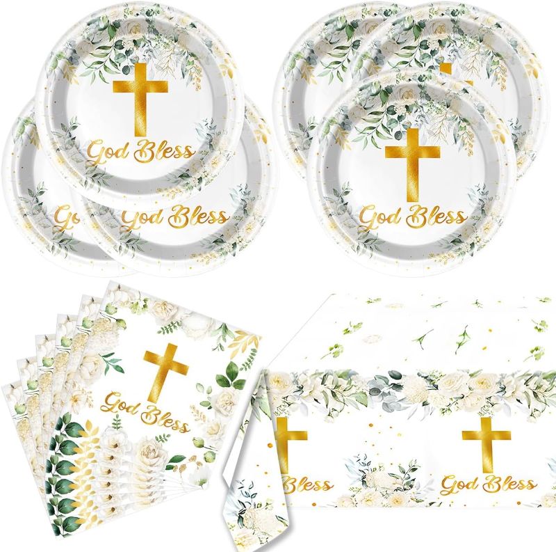 Photo 1 of God Bless Tableware Set?First Communion 20 Plates and 20 Napkins and Tablecloth42'' x 70'',For Newborn Baptism Church Party Decoration