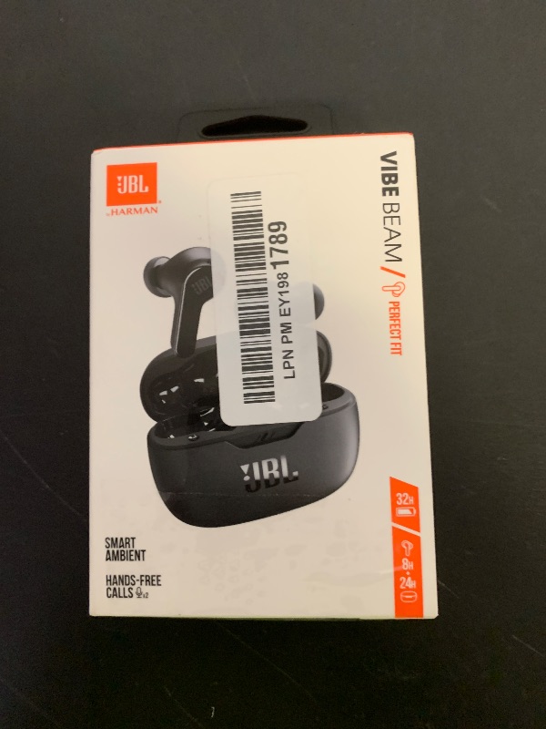Photo 1 of JBL Vibe Beam - True Wireless JBL Deep Bass Sound Earbuds, Bluetooth 5.2, Water & Dust Resistant, Hands-free call with VoiceAware, Up to 32 hours of battery life (Black)