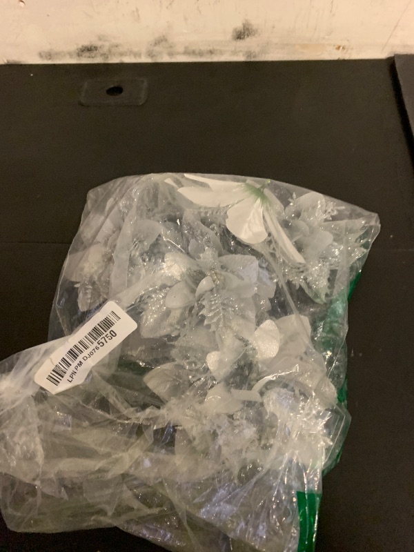 Photo 1 of 10 Pcs Fake Flowers Poinsettia Artificial Silver and White Flower 5.5" Christmas Tree Ornaments for Spring Easter Home Kitchen Wedding Bouquet Mother's Gift Day Decorations