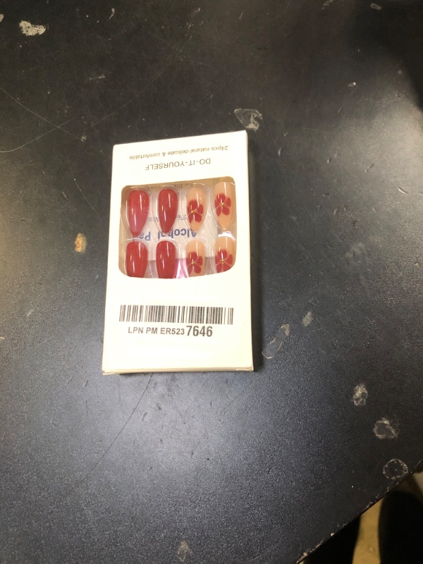 Photo 1 of 24Pcs Dark Red Almond Press on Nails Short Medium Fake Nails with Floral Steel Ball Design Reusable Almond False Nails Kit Red Flower Nails Press ons Full Cover Artificial Glue on Nails for Women
