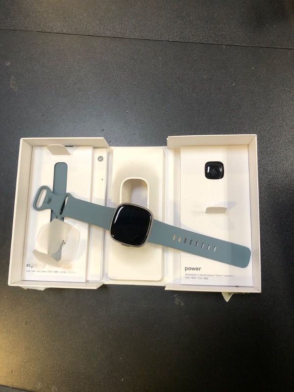 Photo 1 of Fitbit Versa 4 Fitness Smartwatch with Daily Readiness, GPS, 24/7 Heart Rate, 40+ Exercise Modes, Sleep Tracking and more, Waterfall Blue/Platinum, One Size (S & L Bands Included)