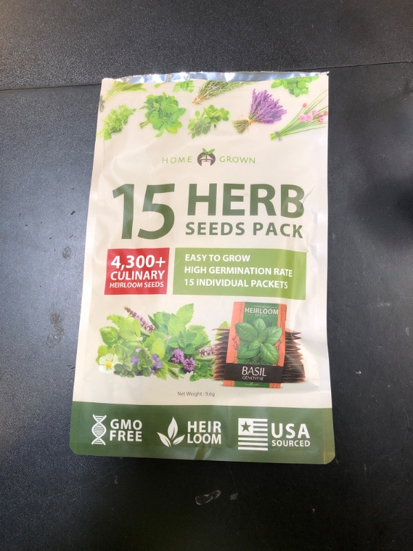 Photo 1 of HOME GROWN ??????? 15 Herb Seeds Variety Pack 2,500+ ???-??? ??? High-Germinating Heirloom Seeds for Planting Indoor Outdoor Herb Garden Hydroponics Garden Seeds, Basil Cilantro & More