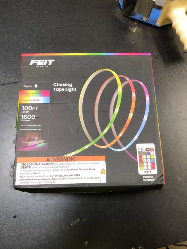 Photo 1 of Feit Electric 100ft Chasing & Tunable White LED Tape Light, Dimmable, RGB Colors, Cuttable for Custom Fit, Slim 0.4-Inch Width, Indoor/Outdoor Plug-in Light Strip, Remote Controlled, TAPE1200/CHASE