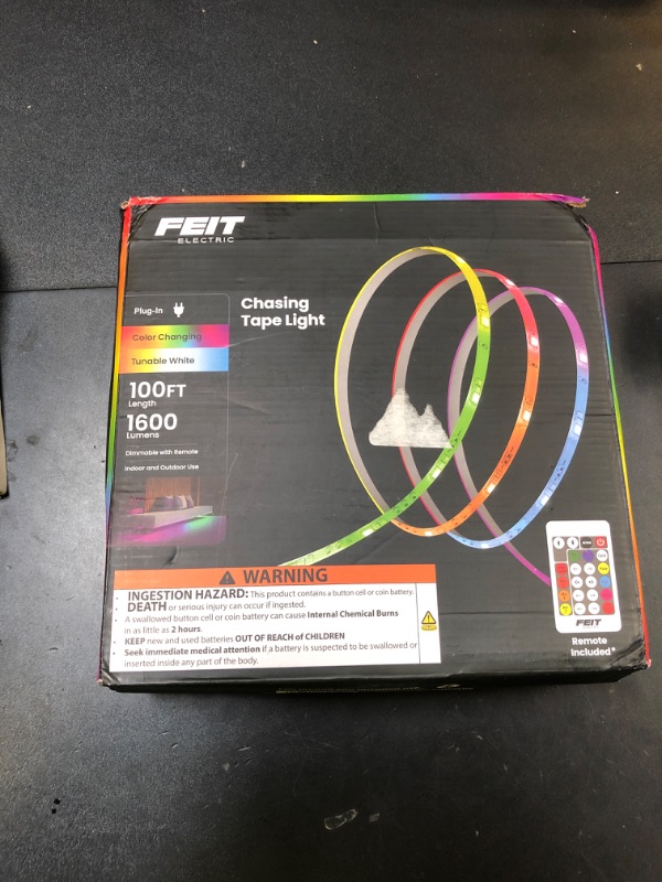 Photo 1 of Feit Electric 100ft Chasing & Tunable White LED Tape Light, Dimmable, RGB Colors, Cuttable for Custom Fit, Slim 0.4-Inch Width, Indoor/Outdoor Plug-in Light Strip, Remote Controlled, TAPE1200/CHASE