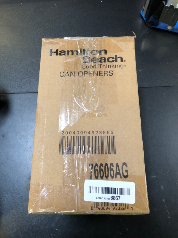 Photo 1 of Hamilton Beach Smooth Touch Electric Automatic Can Opener with Easy Push Down Lever, Eliminates Sharp Edges, Opens All Standard-Size and Pop-Top Cans, Extra Tall, Black and Chrome (76606AG)