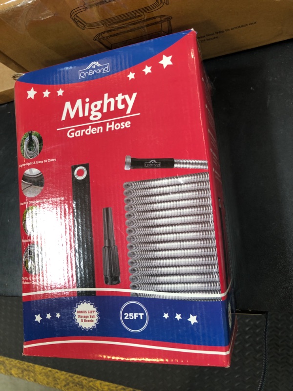 Photo 1 of 25ft Garden Hose Made by Metal with Super Tough and Soft Water Hose, Household Stainless Steel Hose, Durable Metal Hose with Adjustable Nozzle, No Kinks and Tangles, Easy to Store with Storage Strap