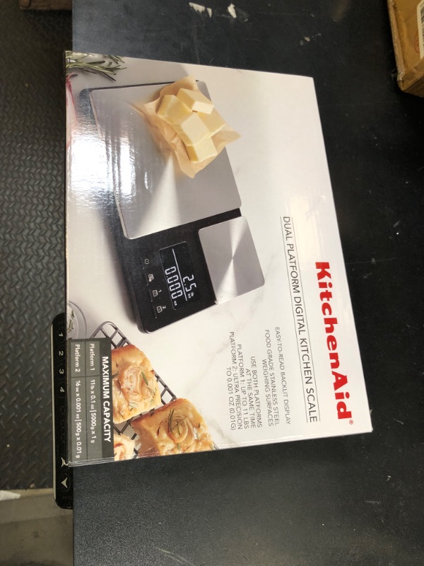 Photo 1 of KitchenAid KQ909 Dual Platform Digital Kitchen and Food Scale, 11 pound capacity and Precision 16oz capacity, Black with Stainless Steel